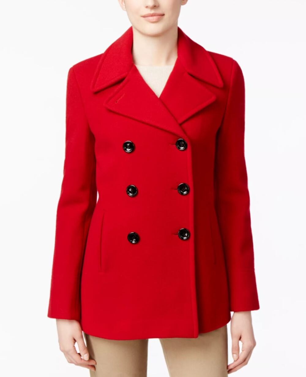 Calvin Klein Women Red Wool-Cashmere Double-Breasted Peacoat Size 2 Long Sleeve